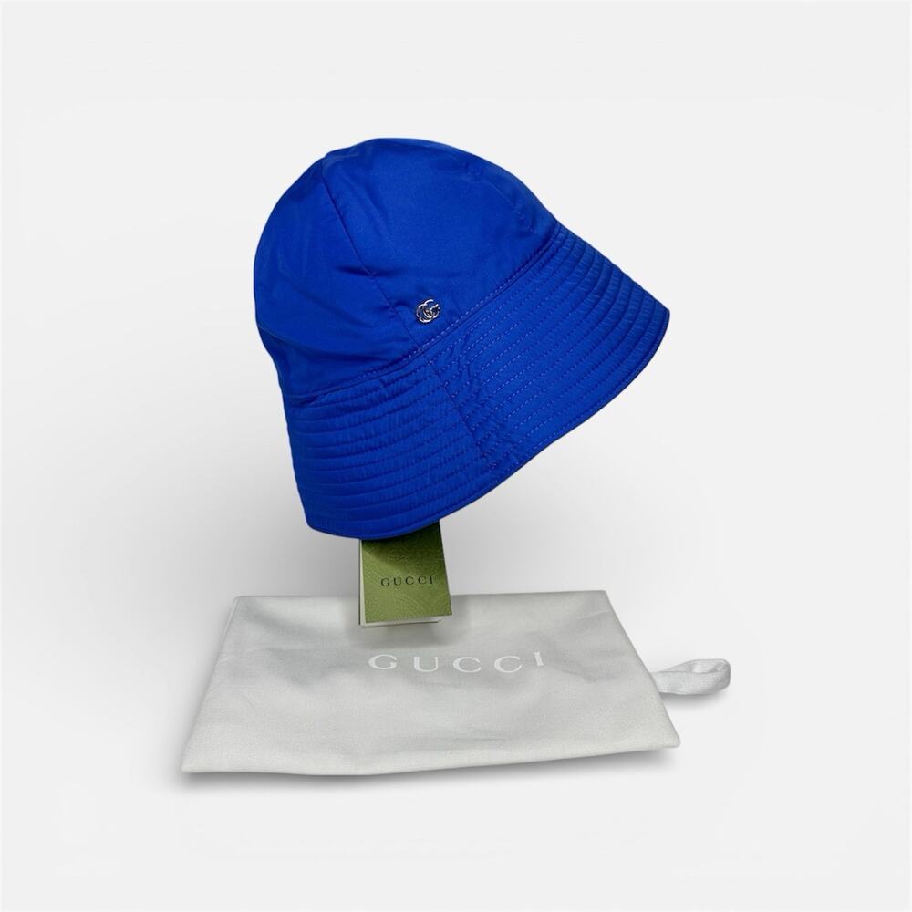 NWT Gucci Brella Cloche Size S 56cm Nylon Bucket Hat Blue Gold GG Marmont $599